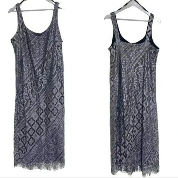 S.L. fashions‎ 18 plus-size metallic silver lace overlay dress fringe hem Y2K - Picture 1 of 8